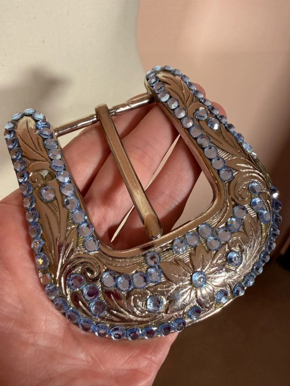 B.B. Simon Blue crystal Etched Silver Metal Oversized Western Belt Buckle